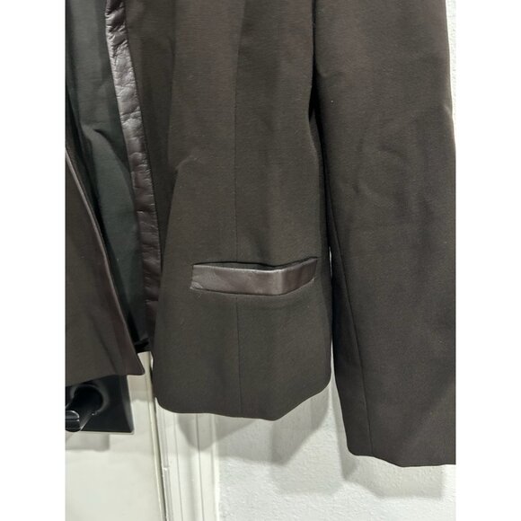 Dana Buchman Leather Trim Open Front Black Blazer Size 4 Petite Modern Edgy - Picture 5 of 11